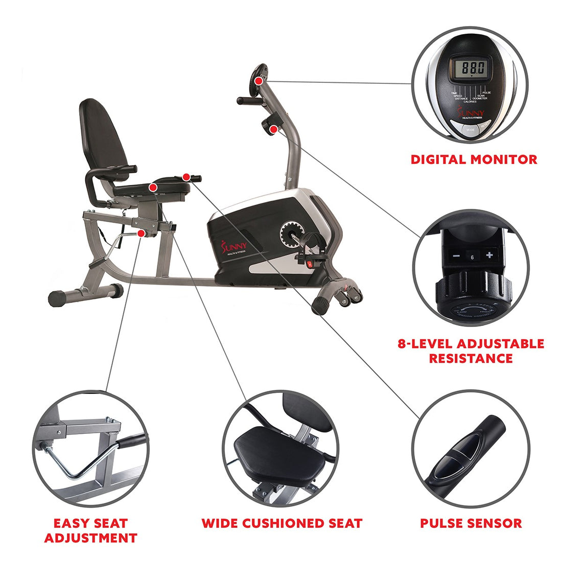 Recumbent Exercise Bike 300 lb Capacity & Adjustable Seat | Sunny ...