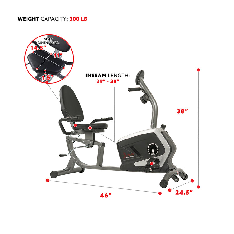 Magnetic Recumbent Exercise Bike, 300 lb Capacity & Adjustable Seat