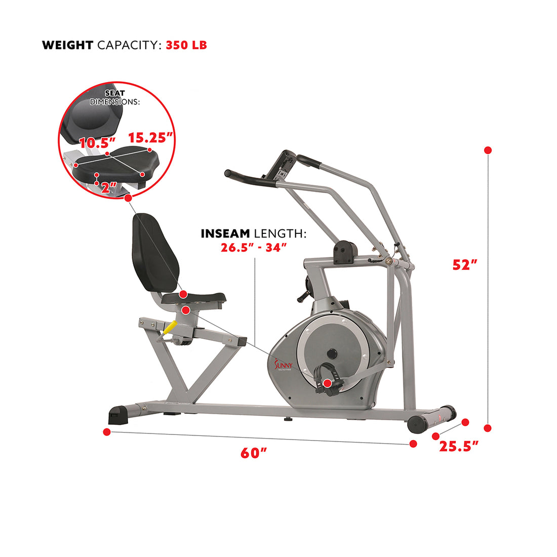 Arm Exerciser Recumbent Bike w/ High 350 LB Weight Capacity Sunny