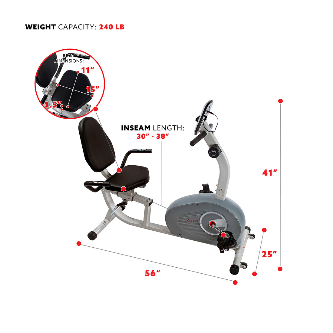 sunny health & fitness magnetic recumbent bike exercise bike