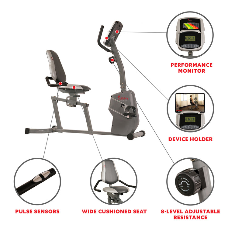 Magnetic Recumbent Exercise Bike w/ Easy Adjustable Seat, Device Holder, RPM and Pulse Rate