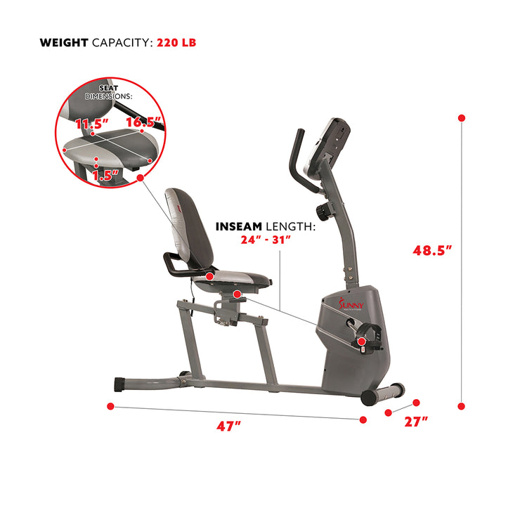 Magnetic Recumbent Exercise Bike w/ Easy Adjustable Seat, Device Holder, RPM and Pulse Rate