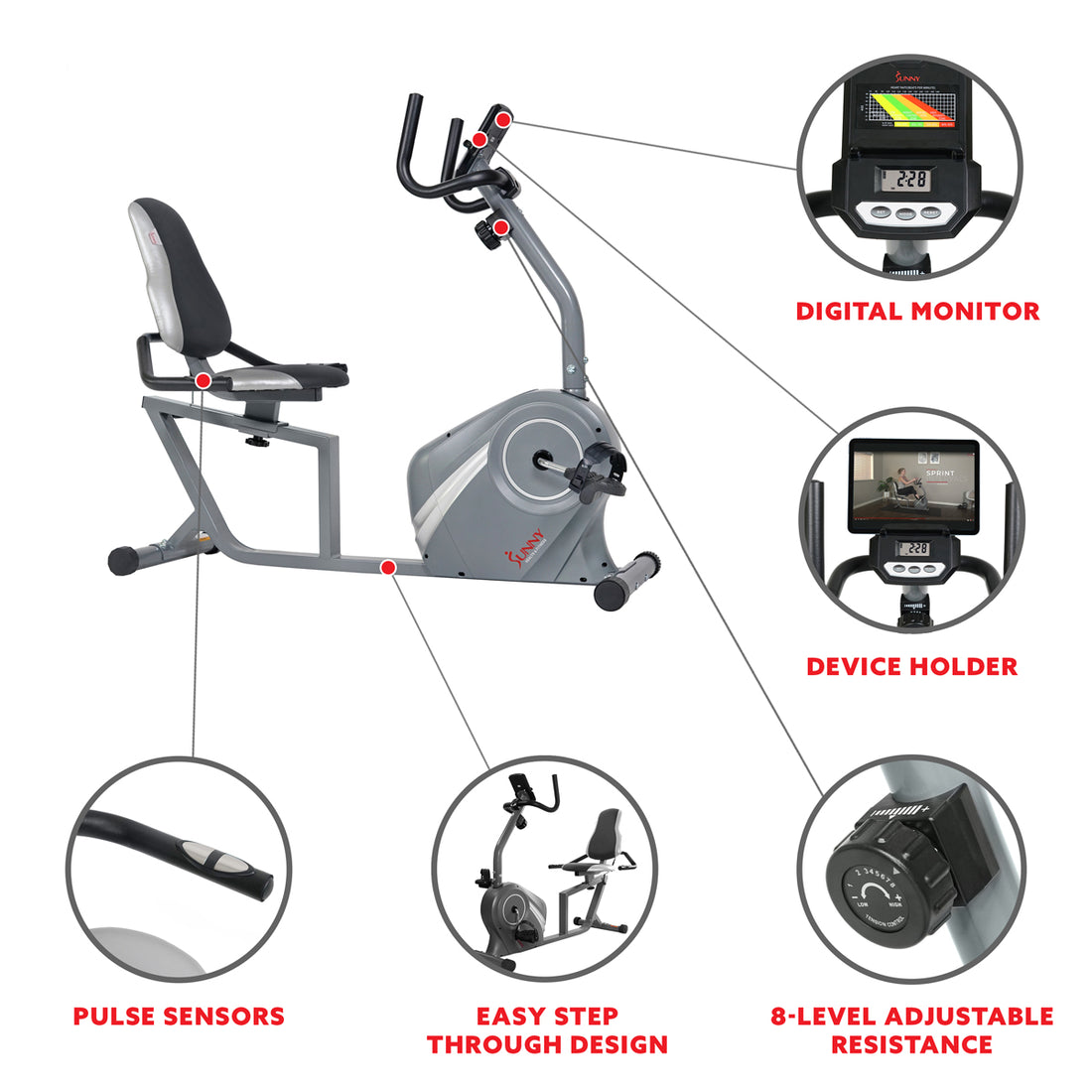 Magnetic Recumbent Bike with Soft Support Seat | Sunny Health and Fitness