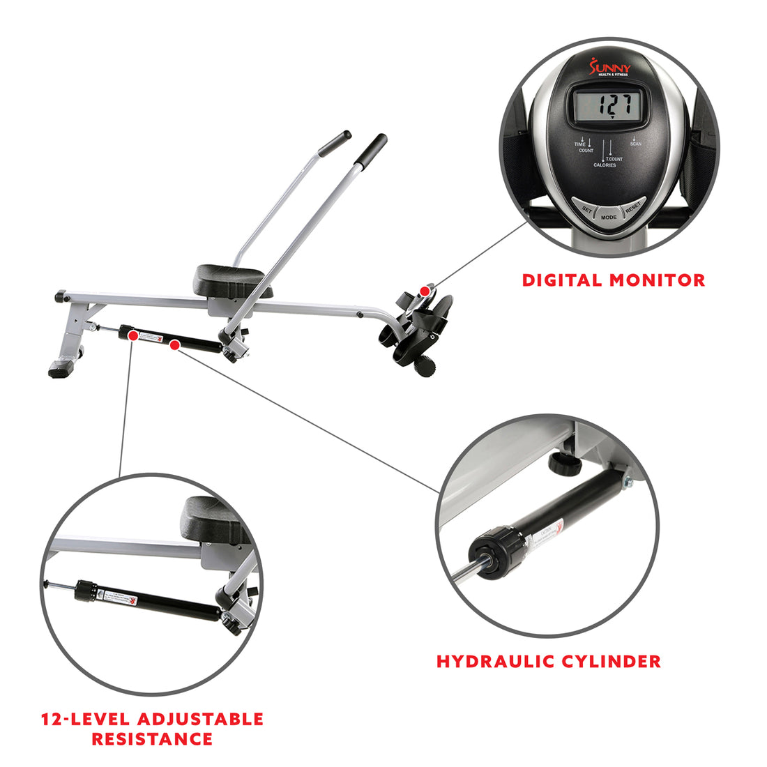 Full Motion Rowing Machine Rower w/ 350 lb High Weight Capacity and LC ...