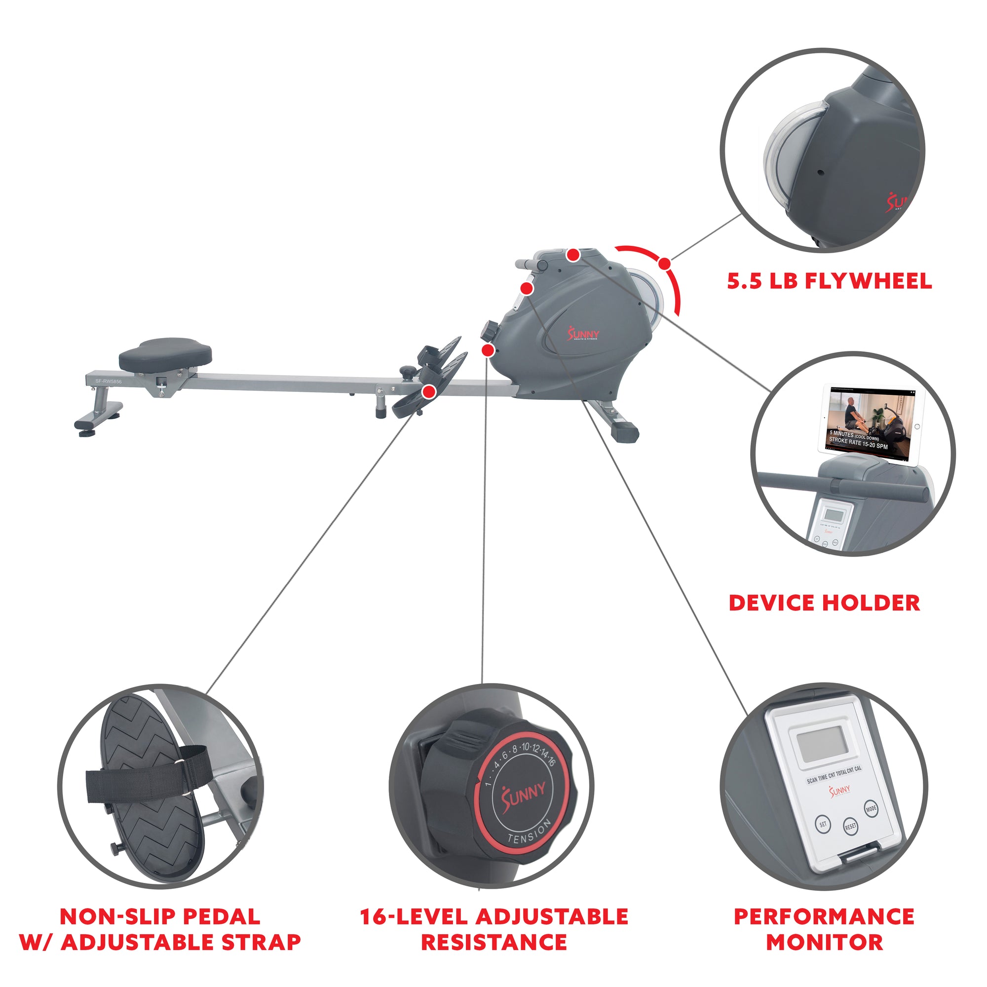 Delta Rowing Machine Monitor Rowing Machine Magnetic Rower, LCD Monitor w/ Device Holder | Sunny ...