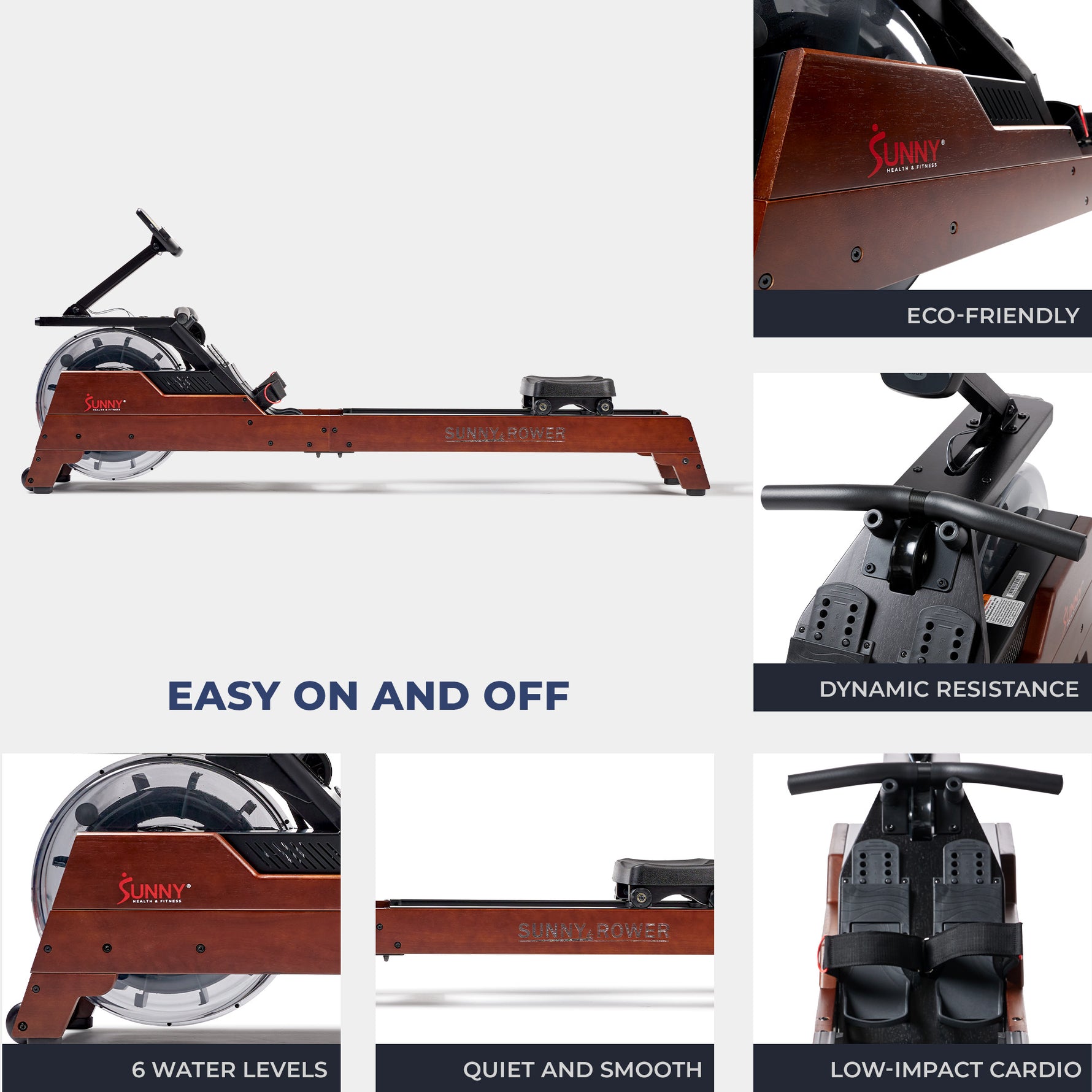 Hadro Rowing Machine Vertical Hydro Wooden Water Rowing Machine | Sunny Health & Fitness