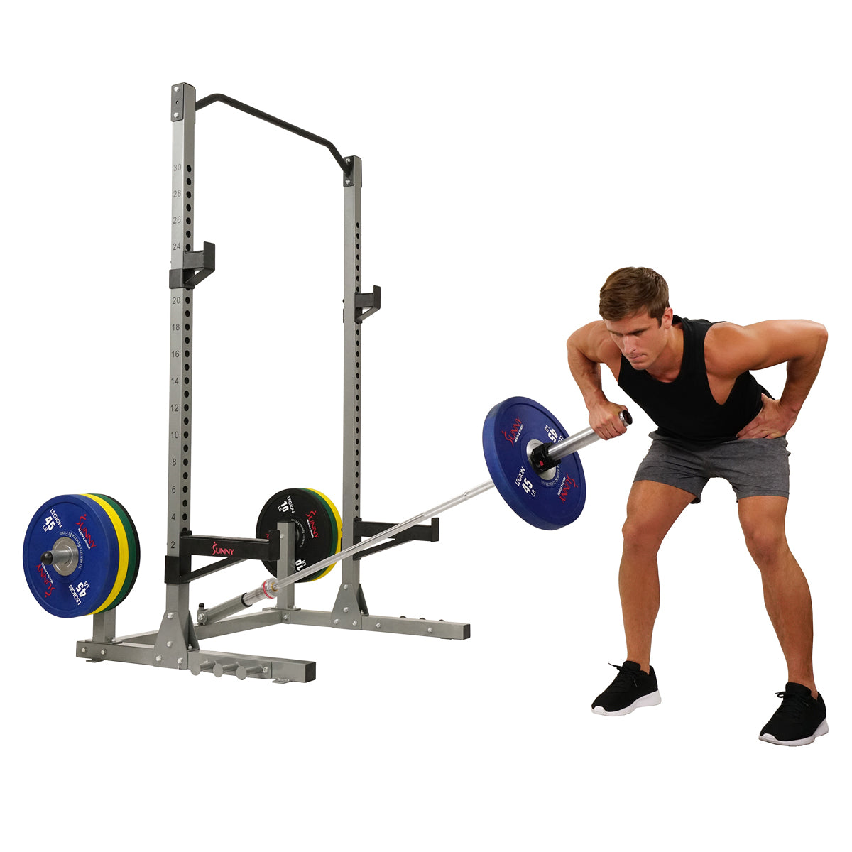 Power Squat Rack w Attachments High Weight Capacity Olympic Weight Plate Storage Swivel Landmine